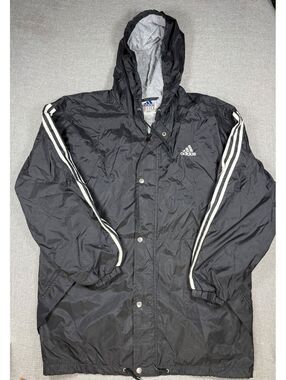 Adidas Black Hooded Windbreaker Jacket with White Stripes Size M